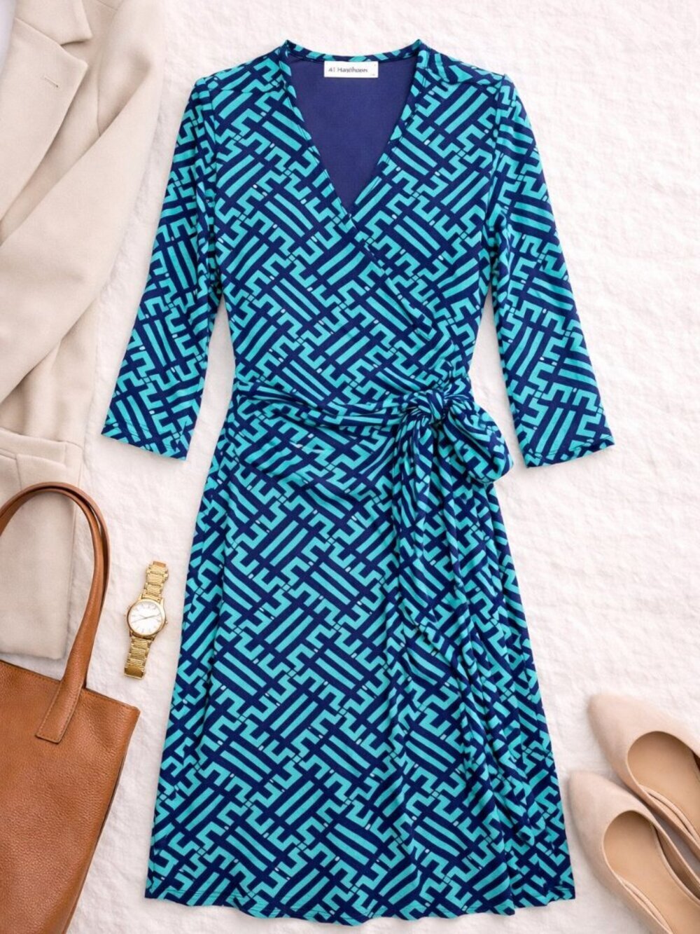 41 Hawthorn Blue Teal Wrap Dress Geometric Print 3/4 Sleeve Size Large